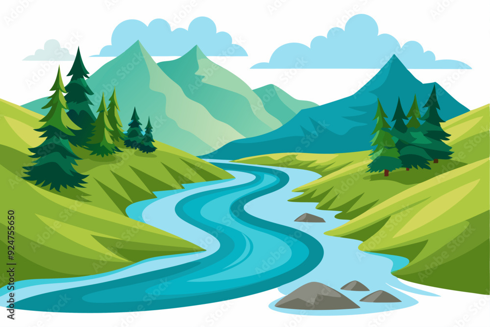 Fototapeta premium Serene Mountain Landscape with Winding River and Green Trees