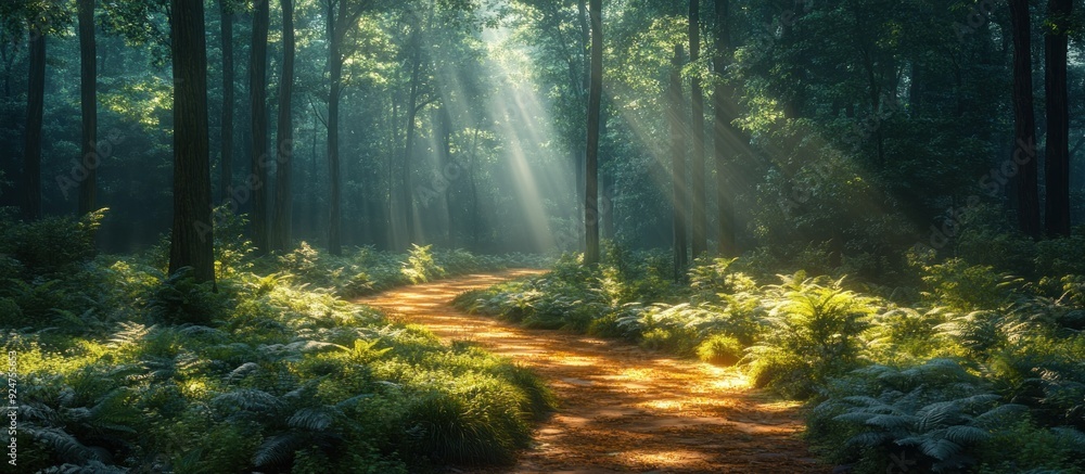 Sunbeams Illuminating a Path Through a Lush Forest Sunbeams Illuminating a Path Through a Lush Forest