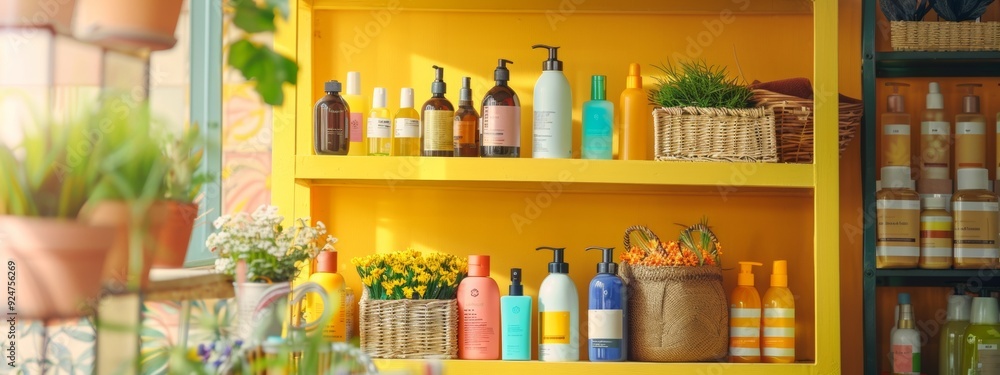 custom made wallpaper toronto digitalColorful display of beauty products on yellow shelves