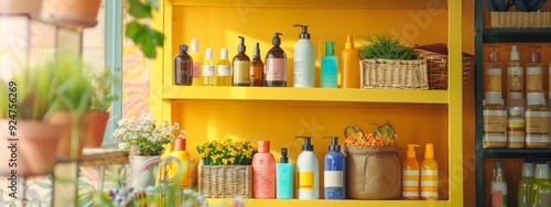 Wallpaper Mural Colorful display of beauty products on yellow shelves Torontodigital.ca