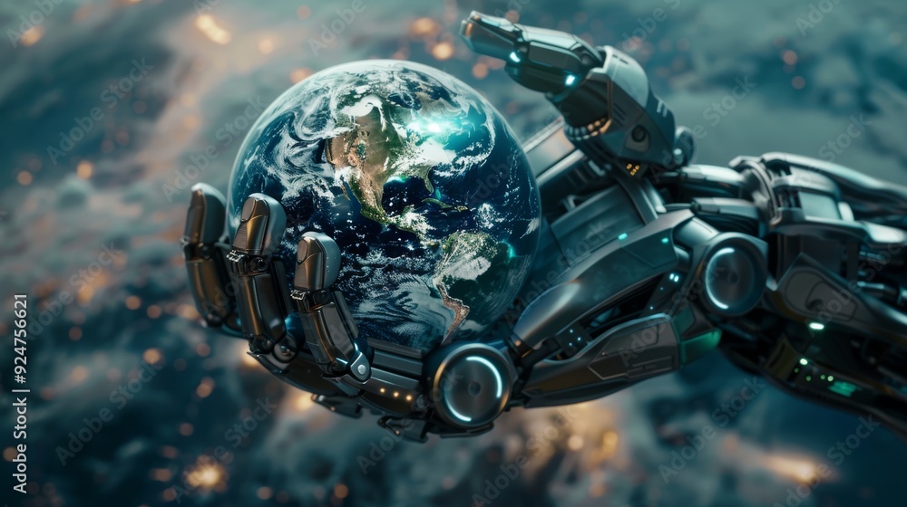 Futuristic robot hand holds Earth, symbolizing technology, environment, and the future of our planet. Futuristic robot hand holds Earth, symbolizing technology, environment, and the future of our planet.