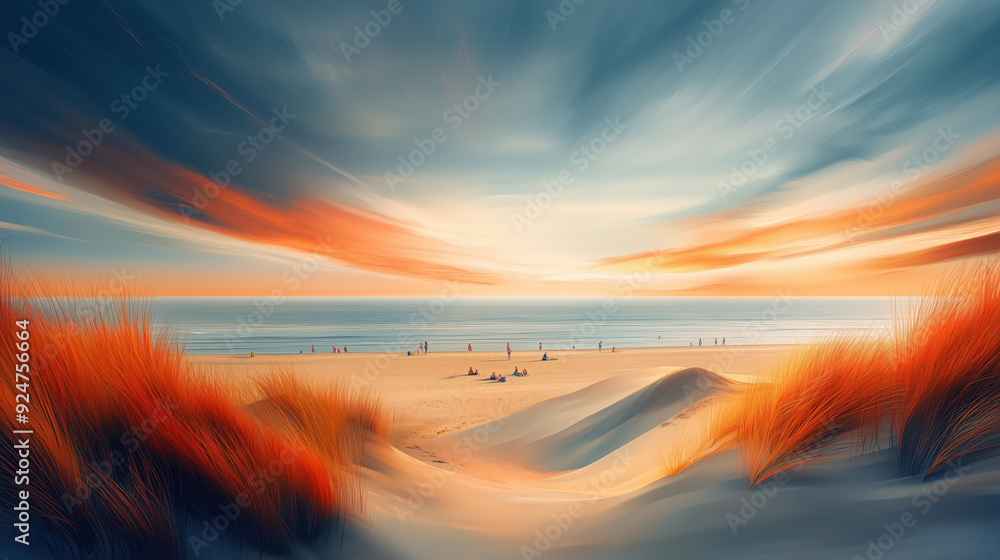 Serene Beach Sunset With Vibrant Sky And Sandy Dunes