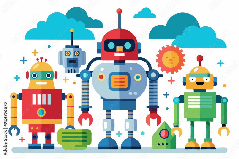 Naklejka premium Four Friendly Robots in a Cartoon Setting