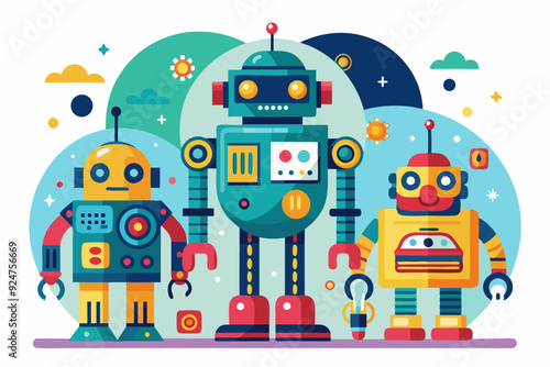 Three Friendly Robots Standing Together in a Cartoon Landscape