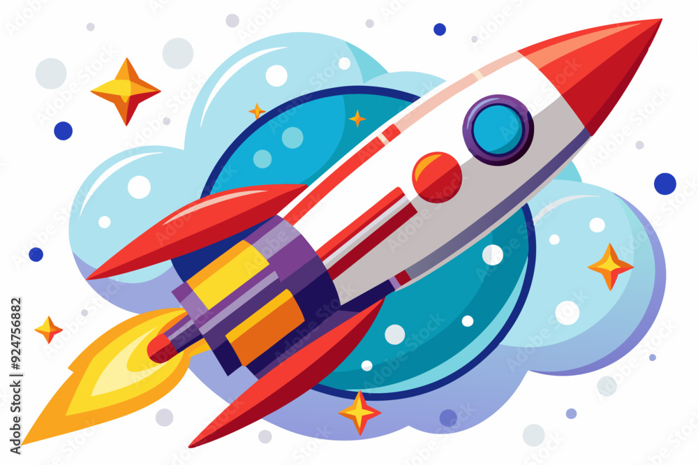 A Cartoon Rocket Ship Soaring Through Space with Stars and a Planet A Cartoon Rocket Ship Soaring Through Space with Stars and a Planet