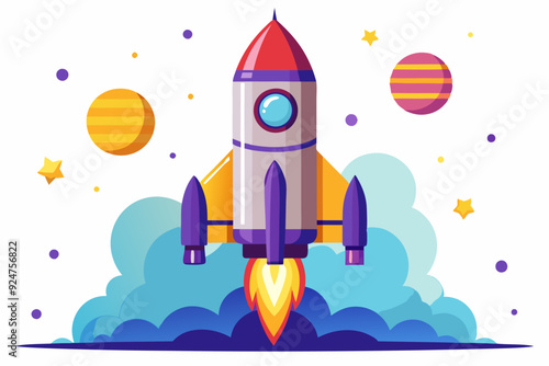 Cartoon Rocket Launching into Space with Planets and Stars