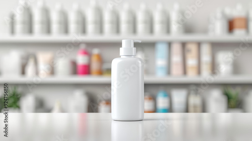 Minimalist white bottle on a countertop, showcasing a clean and modern aesthetic for beauty or skincare products.