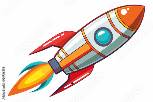 Cartoon Red and Orange Rocket with Blue Window and Flames
