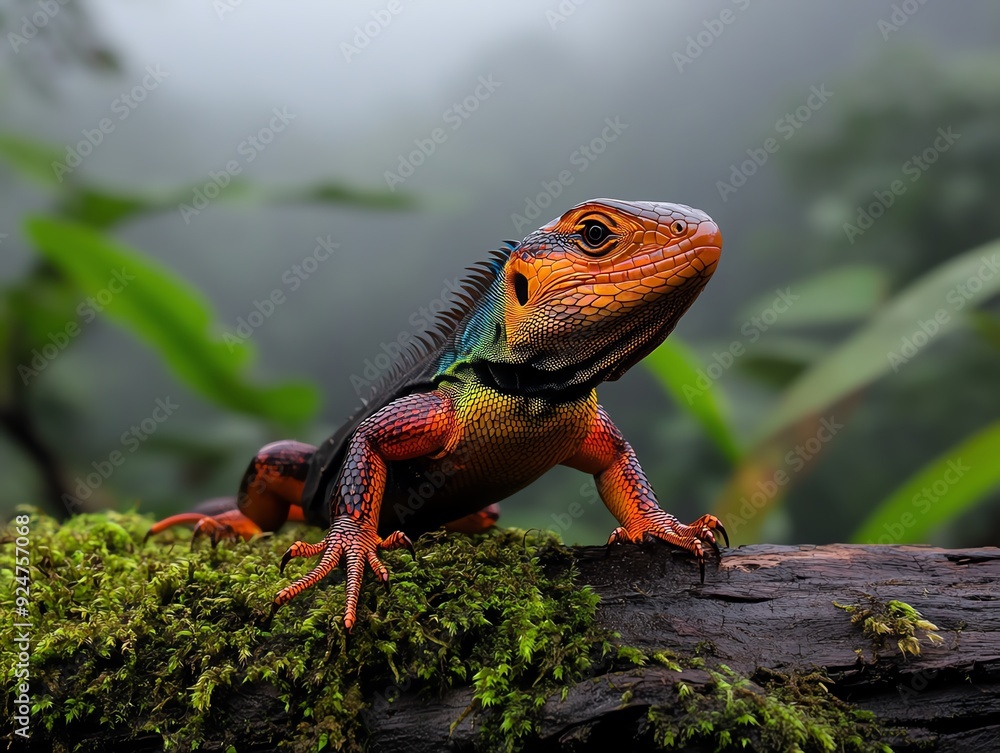 A colorful lizard standing alert on a mossy log, misty jungle setting, soft focus in the background, Lizard, exotic environment A colorful lizard standing alert on a mossy log, misty jungle setting, soft focus in the background, Lizard, exotic environment
