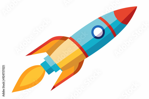 Cartoon illustration of a red, yellow, and blue rocket taking off