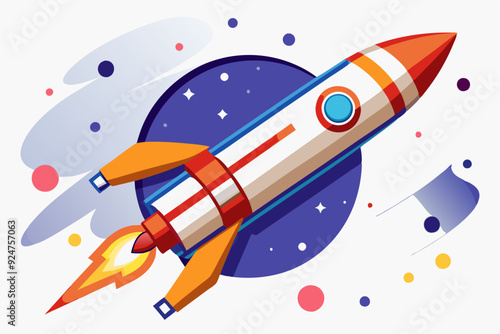 Cartoon Rocket Ship Launching into Space with Colorful Background