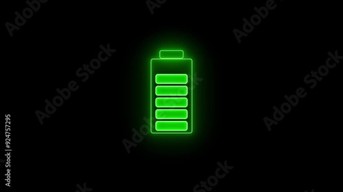 Neon battery charging icon animation.Neon battery fast charging. the neon battery charging on the black screen background