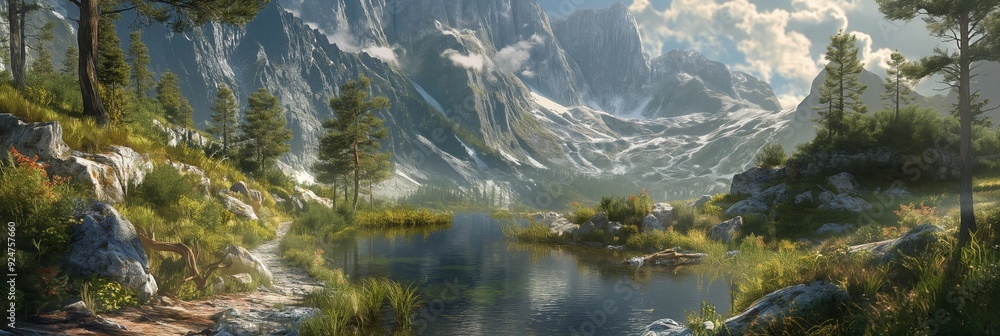 Fototapeta premium A crystal-clear mountain lake surrounded by lush trees and majestic snowy peaks, offering a breathtaking view of nature's grandeur.