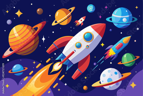 A Rocket Soaring Through Space With Planets and Stars