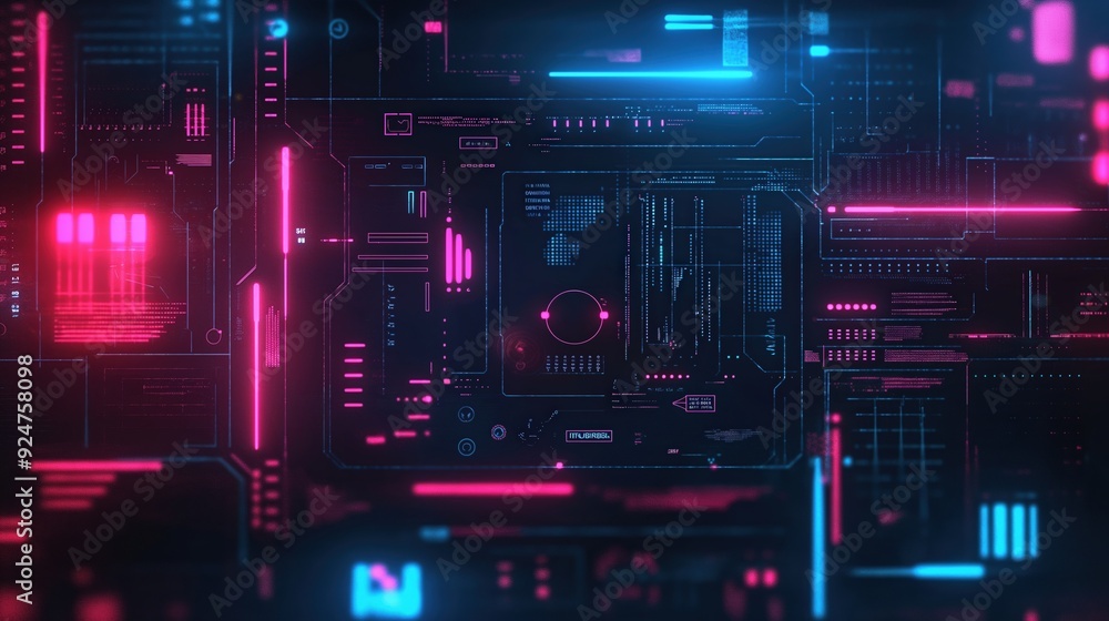 High-Tech Interface Controls with Neon Light Accents in Futuristic Environment. High-Tech Interface Controls with Neon Light Accents in Futuristic Environment.
