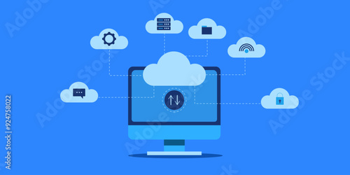 Cloud computing technology web service for enterprise and business solution, database management and internet security network connection, vector illustration.