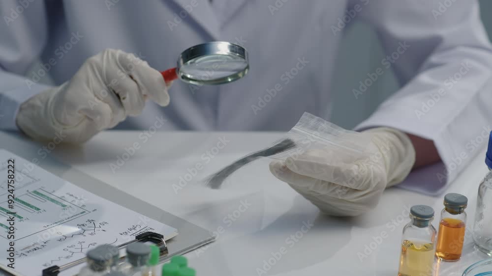 The researcher is holding a sample of experimental hair in a sealed bag and observing it carefully with a magnifying glass. High angle close up shot on white lab table with some experiment items The researcher is holding a sample of experimental hair in a sealed bag and observing it carefully with a magnifying glass. High angle close up shot on white lab table with some experiment items