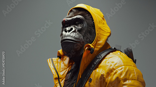 A gorilla wearing hip-hop clothing stands against a simple background, embodying the concept of fashion and animal protection, used for decorating paintings, portraits, avatars, and other scenes-2K