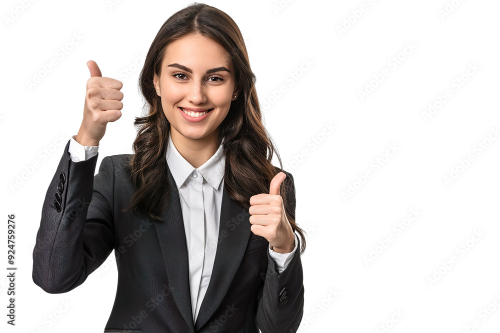 Young businesswoman in a sharp suit smiling and looking confident, giving a thumbs up with one hand Isolated on transparent background. Young businesswoman in a sharp suit smiling and looking confident, giving a thumbs up with one hand Isolated on transparent background.