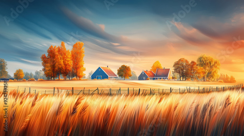 Obraz na płótnie Idyllic Autumn Rural Landscape With Colorful Trees and Houses w salonie