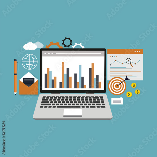 Data driven marketing strategy. Web banner in flat style. Lead generation, profit, business growth concept with icons. Business growth analytics and valuation development. Vector illustration