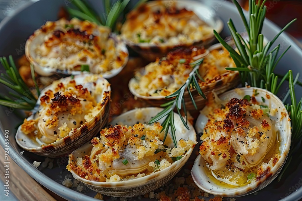 Baked clams topped with breadcrumbs and herbs, served in a dish.