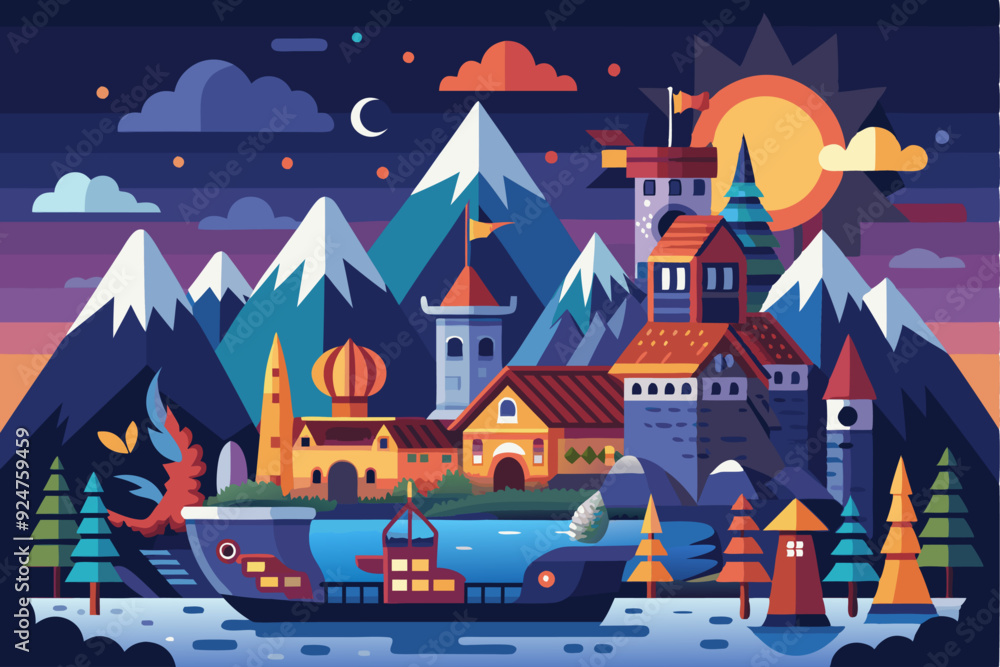 Nighttime Fantasy Cityscape with Mountains and a Boat Nighttime Fantasy Cityscape with Mountains and a Boat