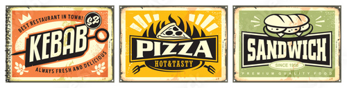 Vintage restaurant signs with kebab, pizza and sandwich meal. Retro food advertisements. Diner vector signs.