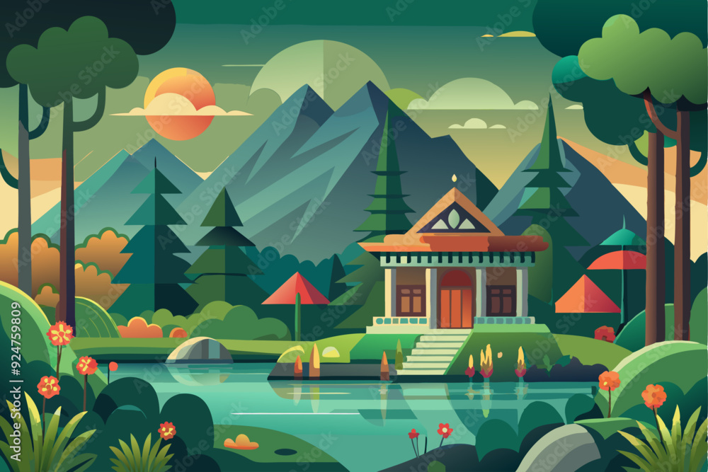 Mountainside Cabin with a Pond and Flowers Mountainside Cabin with a Pond and Flowers