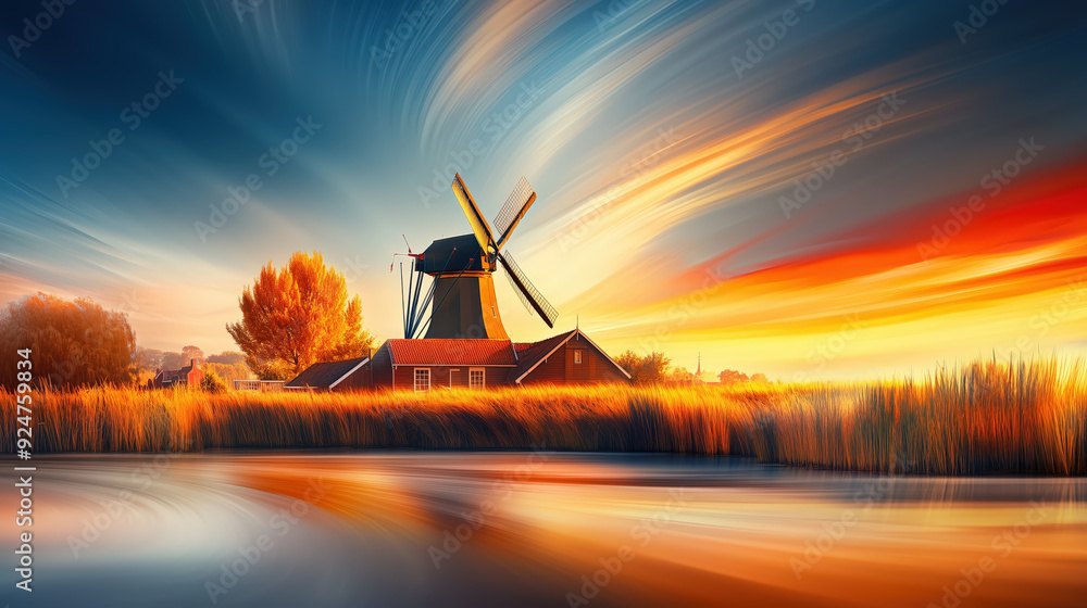 Scenic Windmill Amidst Vibrant Sunset Sky Over Water