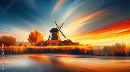 Obraz na płótnie Scenic Windmill Amidst Vibrant Sunset Sky Over Water w salonie
