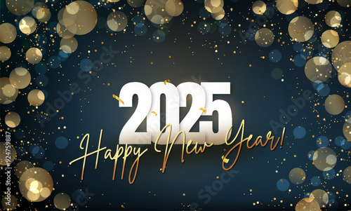2025 Happy New Year Abstract shiny Gold glitter with Confetti and bokeh design element