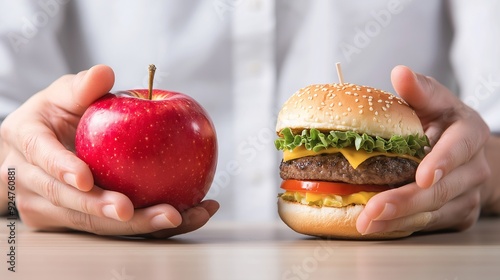 A person making a choice between a healthy apple and a junk food hamburger, highlighting the contrast between nutritious and unhealthy eating habits. photo