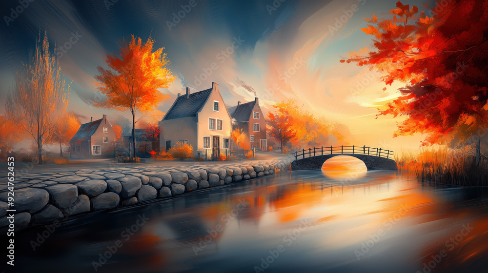 Charming Autumn Village Landscape with Bridge and Water Reflection