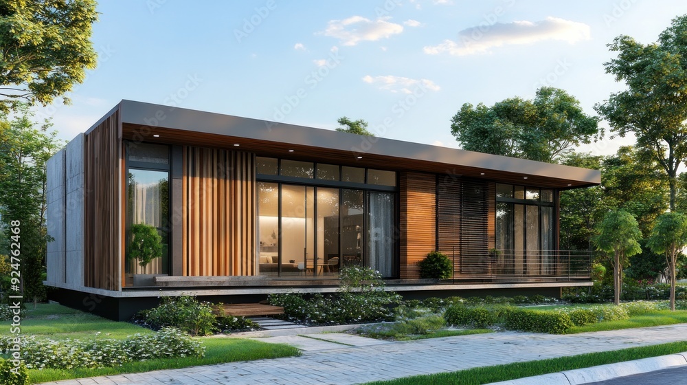 Modern house with wooden siding and large windows set on a lush lawn with walkway. Modern house with wooden siding and large windows set on a lush lawn with walkway.