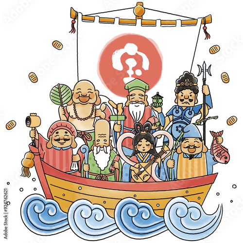 シンプルでかわいい七福神と宝船のイラスト
