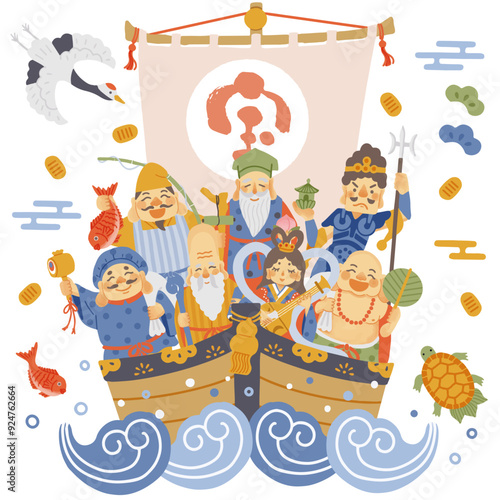 シンプルでかわいい七福神と宝船のイラスト