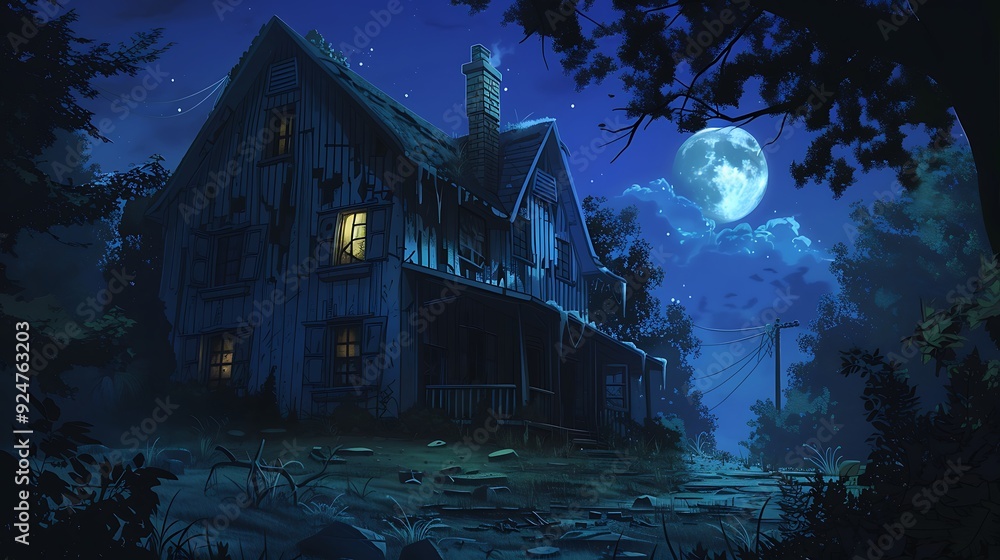 Haunted House on a Moonlit Night: Eerie Atmosphere with Ghostly Figures and Broken Shutters for Halloween Theme Haunted House on a Moonlit Night: Eerie Atmosphere with Ghostly Figures and Broken Shutters for Halloween Theme