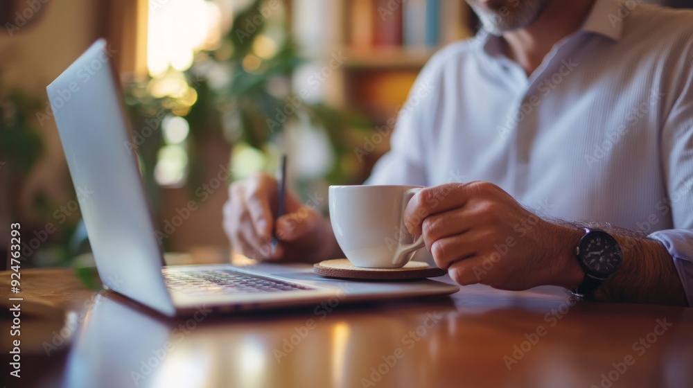 Man Working on Laptop with Coffee - Productivity and Focus Man Working on Laptop with Coffee - Productivity and Focus