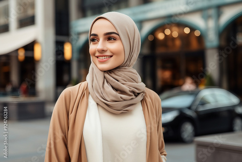 Beautiful arabian young woman in modern life everyday routine business, Generative AI