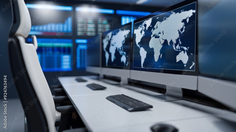 Naklejka premium Modern workstation with multiple screens displaying world maps and data analytics in a high-tech environment.