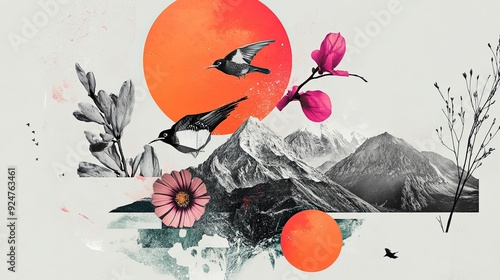 Minimal collage art blending geometric shapes and nature elements contrasting monochrome and vibrant hues serene modern aesthetic dynamic visuals captivating design