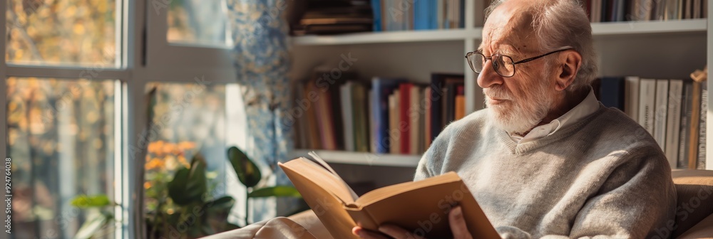 An elderly man wearing glasses enjoys reading a book while sitting in a cozy chair in a sunlit room, surrounded by a bookshelf and plants. An elderly man wearing glasses enjoys reading a book while sitting in a cozy chair in a sunlit room, surrounded by a bookshelf and plants.