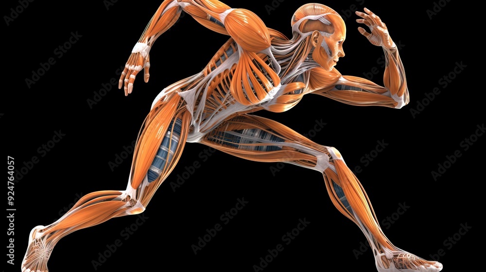 Anatomical structure of muscular system of human body, dark background ...