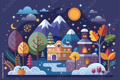 Nighttime Mountain Village with Snow-Covered Buildings and Trees