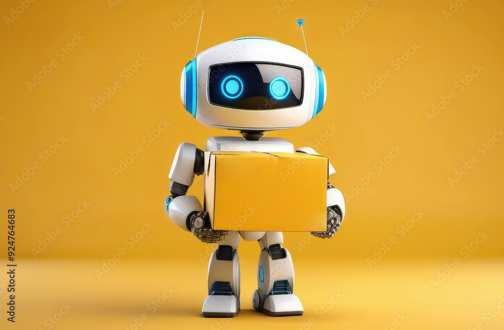 cute android delivers cardboard box. human-like robot assisting with delivery, futuristic technology cute android delivers cardboard box. human-like robot assisting with delivery, futuristic technology