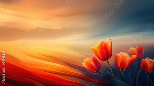 Obraz na płótnie Vibrant Tulips Against a Stunning Sunset Horizon w salonie