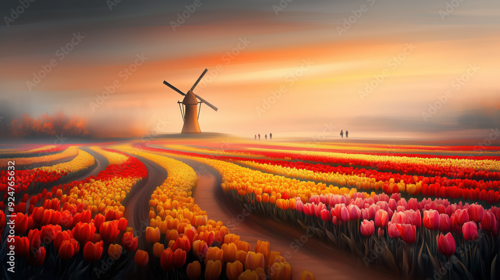 Beautiful Tulip Field At Sunset With Windmill Silhouette