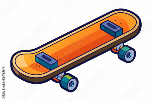 Cartoon Illustration of a Skateboard with Orange Deck and Blue Wheels