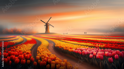 Beautiful Tulip Field At Sunset With Windmill Silhouette